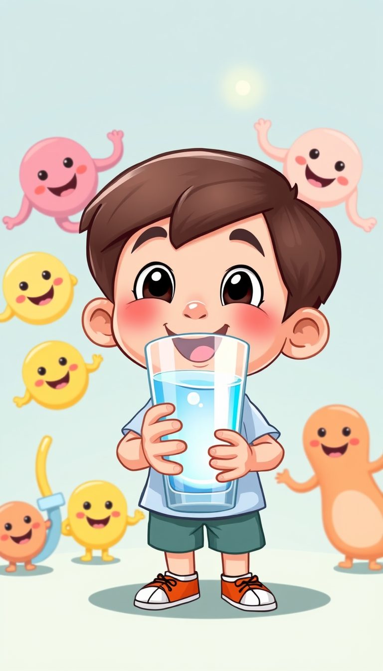 Main art studio: Vertical 9:16, colorful 2D cartoon educational animation, happy child holding a glass of water, friendly smiling organs appearing around the character