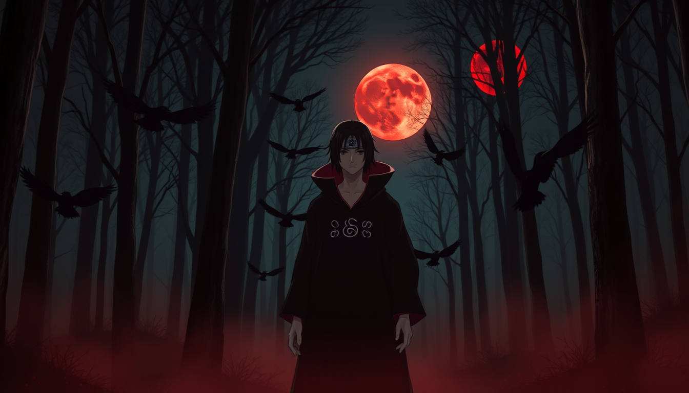 Main art studio: 1. Iconic Itachi Itachi Uchiha standing calmly in a dark forest at night, wearing his Akatsuki cloak and iconic scratched Konoha forehead protector cl
