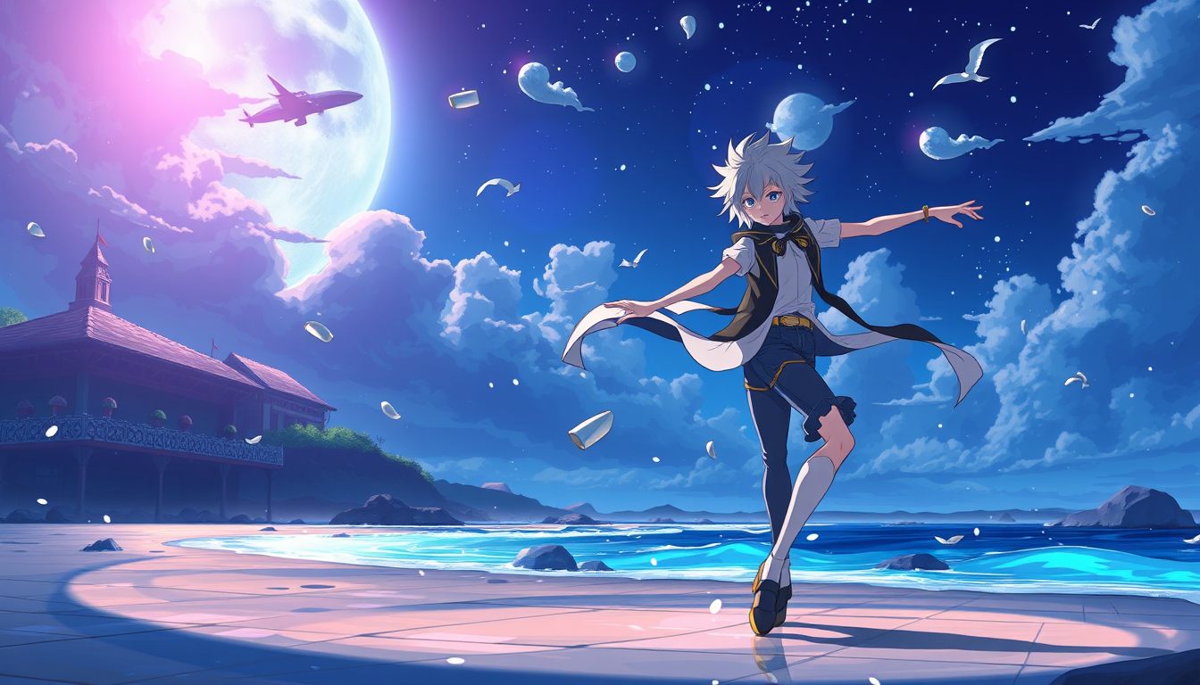 Main art studio: crie para mim uma imagem do Maicol jackson como anime na lua dançando á e plano geral