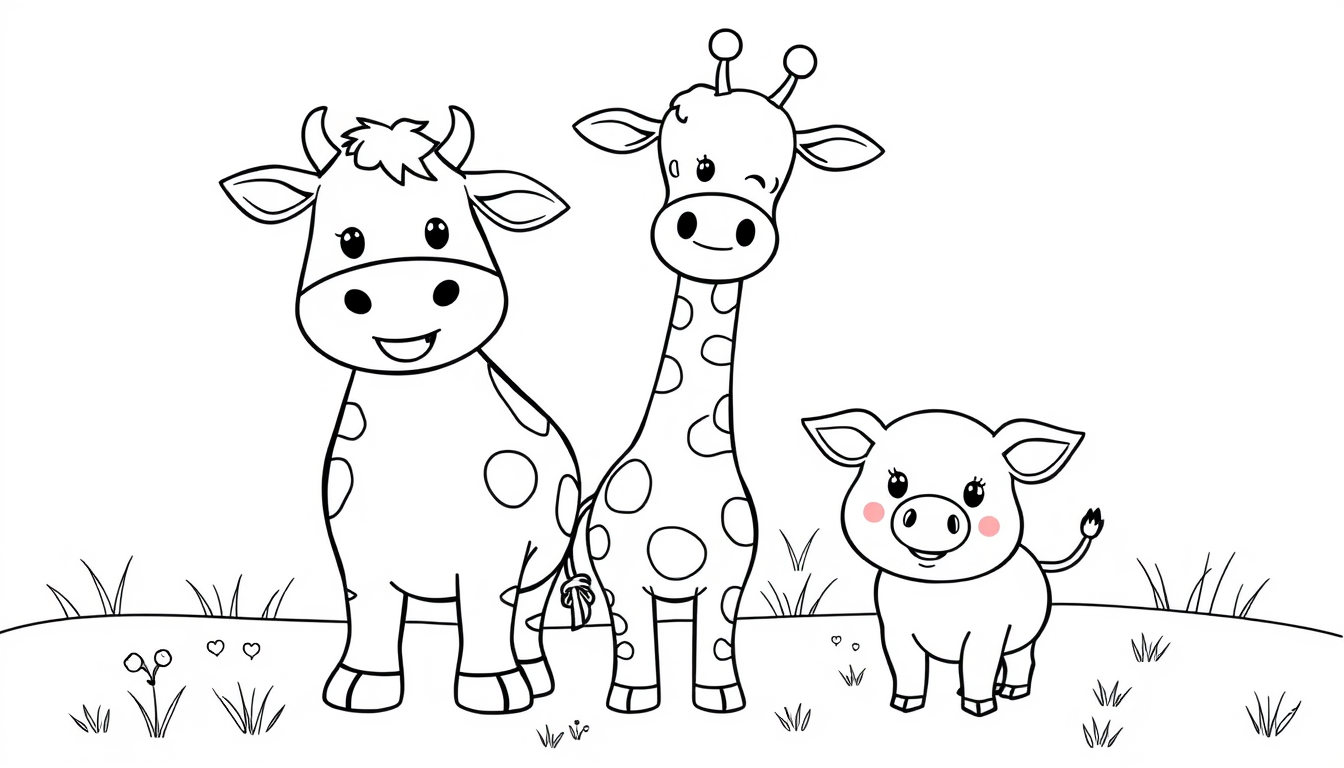 AI Art prompt example created from the prompt: A cute children's coloring book page featuring a friendly cow, a happy giraffe, and a cute little pig standing together in a simple farm mea