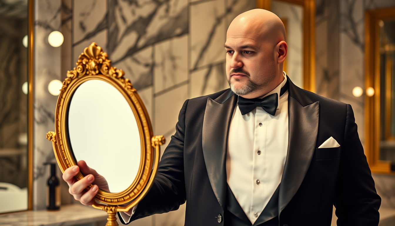 Main art studio: An elegant and ironic editorial fashion photograph for a beauty salon branding. A charismatic, completely bald man with a proud beer belly is wearing
