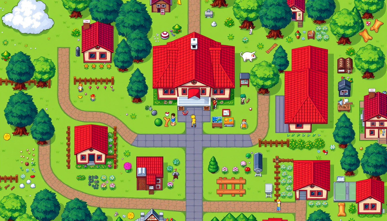 Pixel Art idea: pixel art, 32-bit retro style, limited color palette, clear readable design, Strict 16-bit pixel art Pokémon FireRed-style town, top-down RPG view. A
