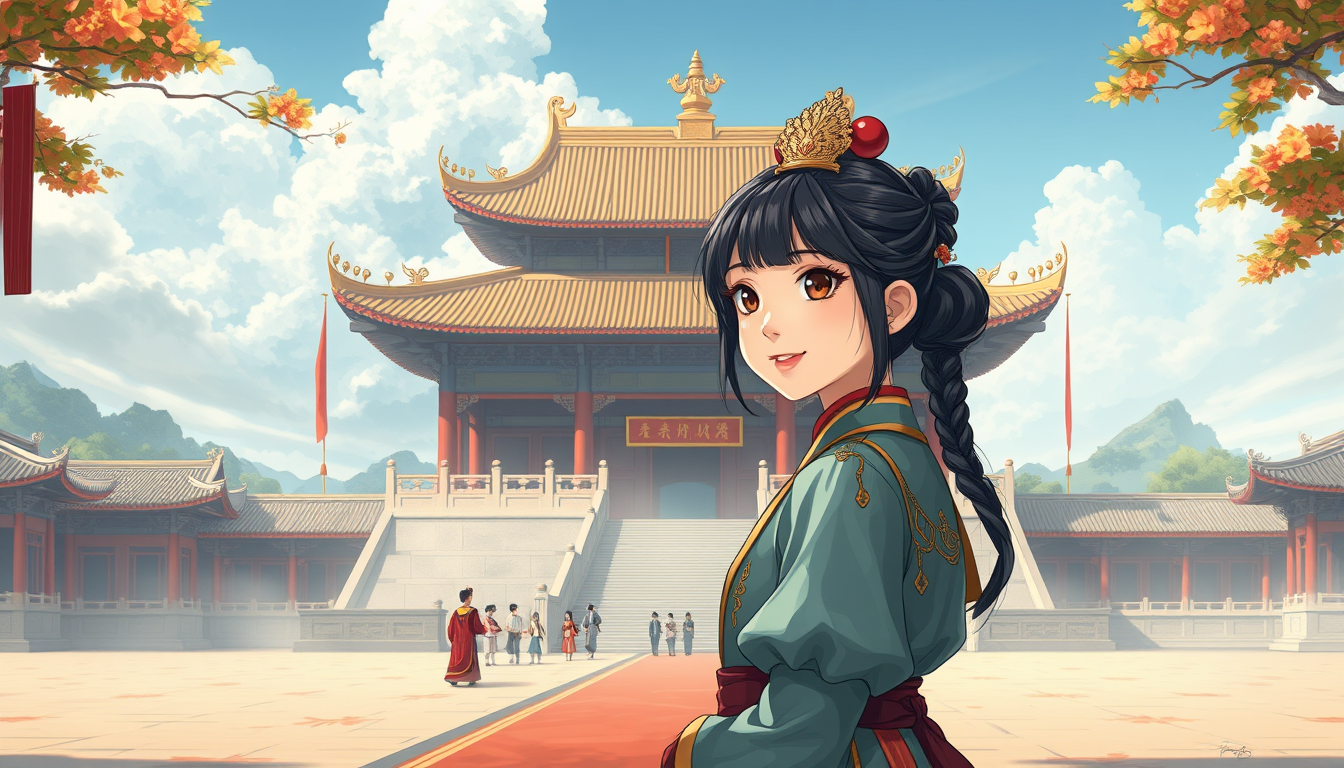 Main art studio: Now show a girl who is 12 years old visiting the chinese palace standing in front of the king. Art style can be like manhua