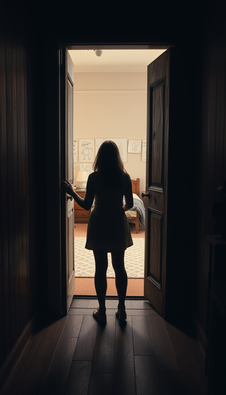Main art studio: The same young woman opens the mysterious wooden door. Behind it is an old childhood bedroom, exactly like her bedroom from many years ago. An old bed