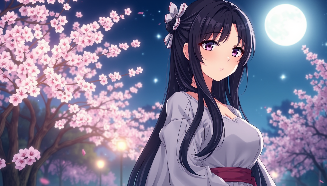 Main art studio: High-quality detailed anime illustration, a beautiful young woman with long black hair standing beside Sukuna, moonlit romantic garden at night, cherr