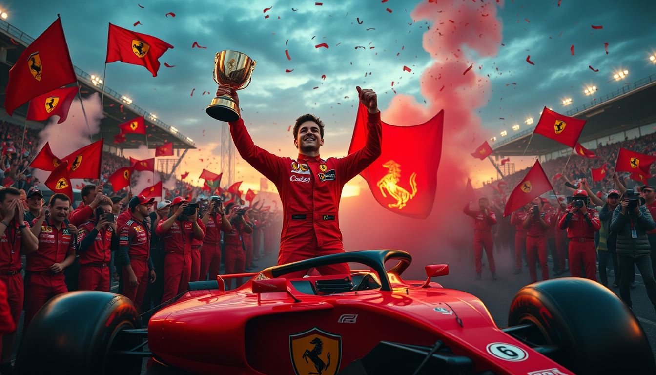 Main art studio: Crhotorealistic cinematic scene of Charles Leclerc as 2026 F1 World Champion with Ferrari at Monza. Charles stands on his red Ferrari F1 car, holding 