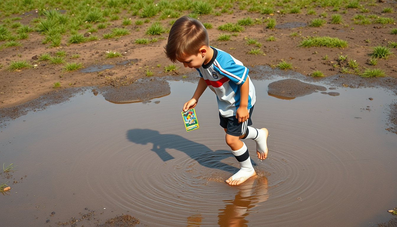 Main art studio: photorealistic. a 8 yo boy wearing soccer shirt, soccer shorts and soccer socks but no shoes. he goes through a deep puddle and find a pokemoncard