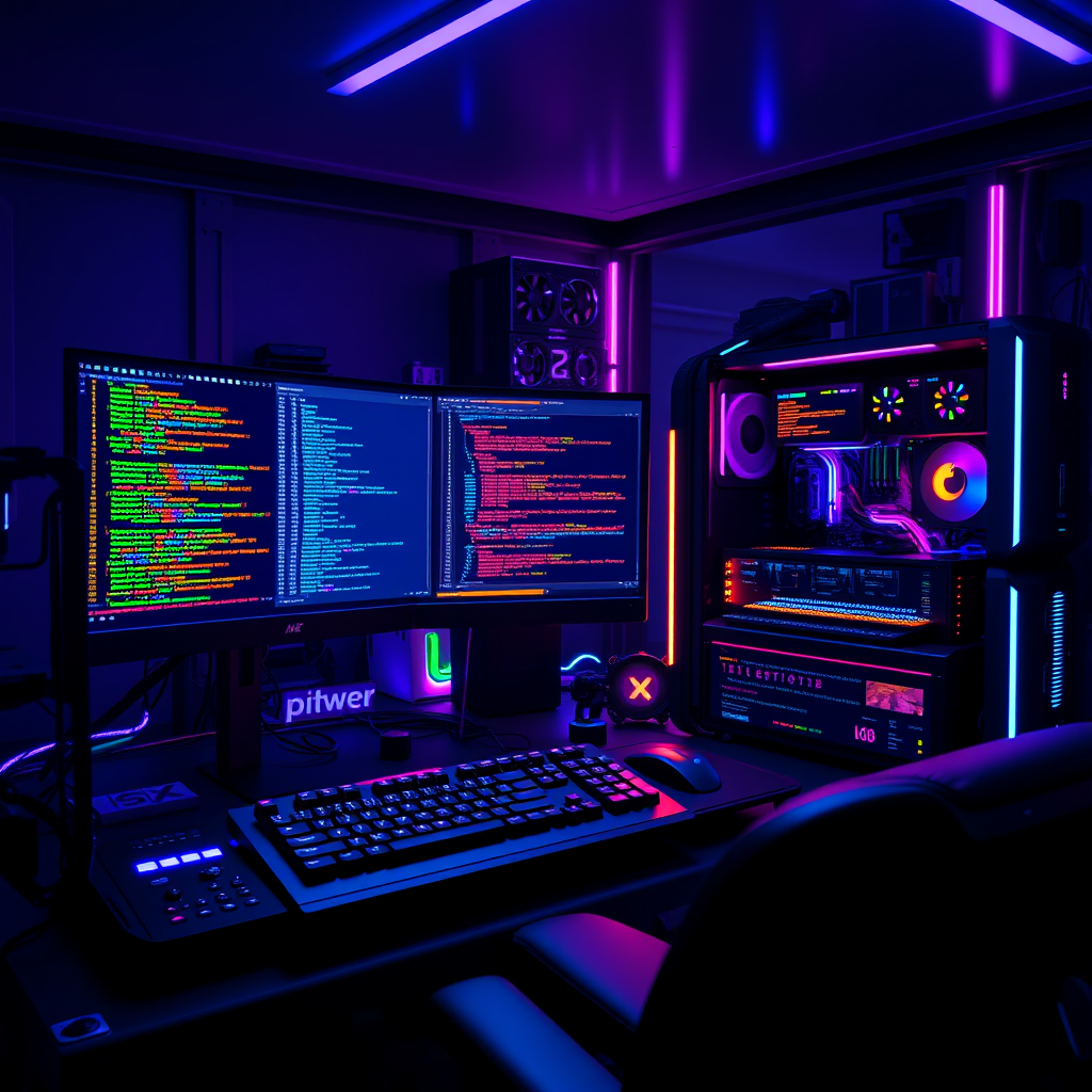 Main art studio: A powerful futuristic desktop PC with glowing RGB components, large monitors showing colorful programming code and Python, mechanical keyboard, dark c