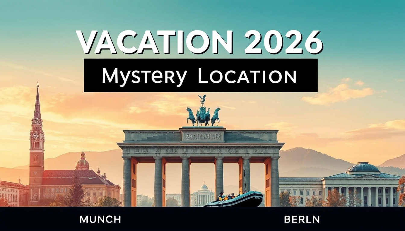 AI Art prompt example created from the prompt: Design a premium, cinematic travel poster titled "Vacation 2026". Feature the iconic landmarks of Munich, Bayrischzell, and Berlin, and clea