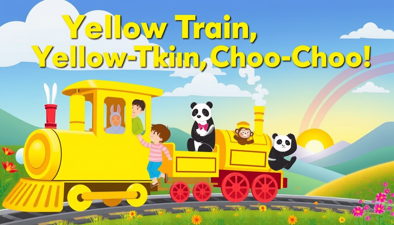 Main art studio: 🚂💛 **Yellow Train, Choo-Choo!** A bright yellow train arrives at a magical station. Two children climb aboard with a bunny, panda, and monkey. The t