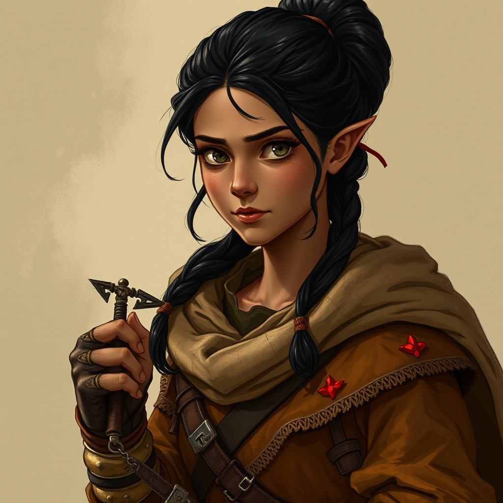 Main art studio: Stilisierte mittelalterliche Fantasy-Illustration: Zella, junge Bäuerin mit dunkle Haut, kräftigem schwarzer Zopf und offenem, lebhaftem Gesicht. Unau