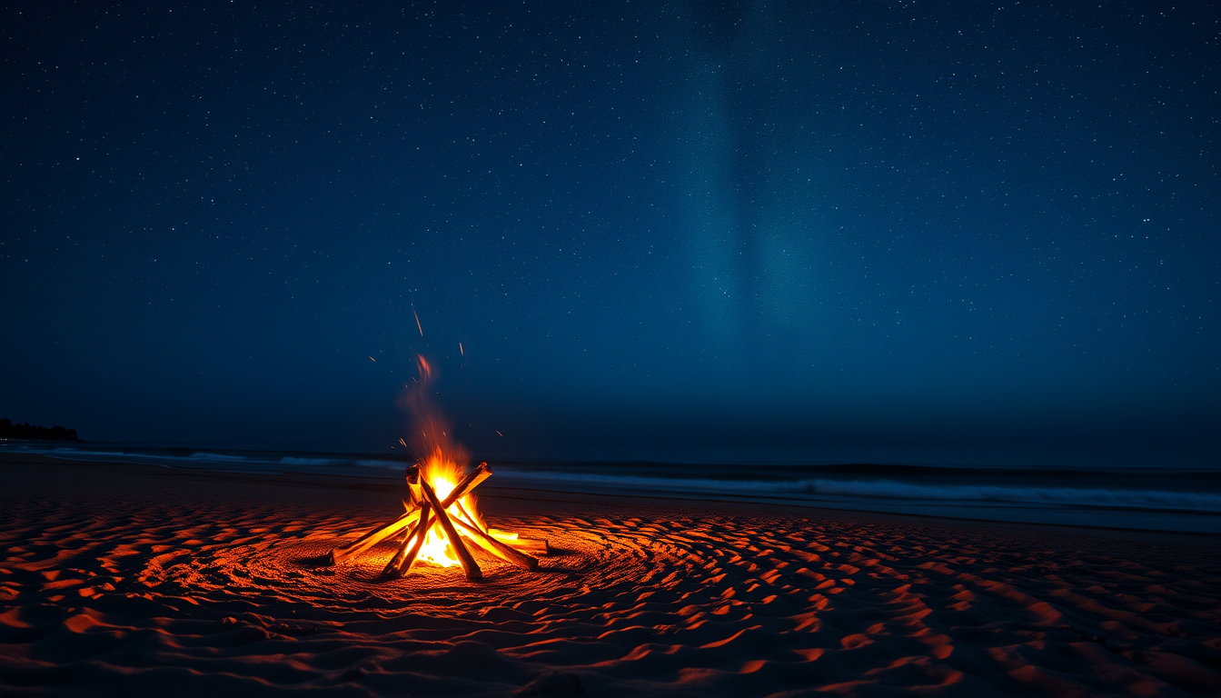 Main art studio: Realistic beach bonfire during meteor shower.
