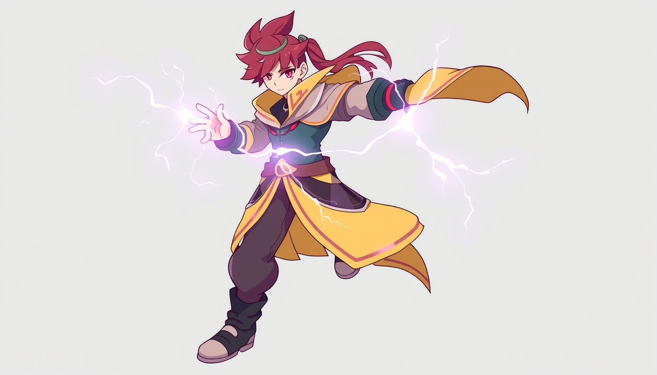 Characters idea: an original character defined by silhouette, role, outfit, palette, and expression, deliberate composition, C'est un personnage de jeux vidéo qui lanc