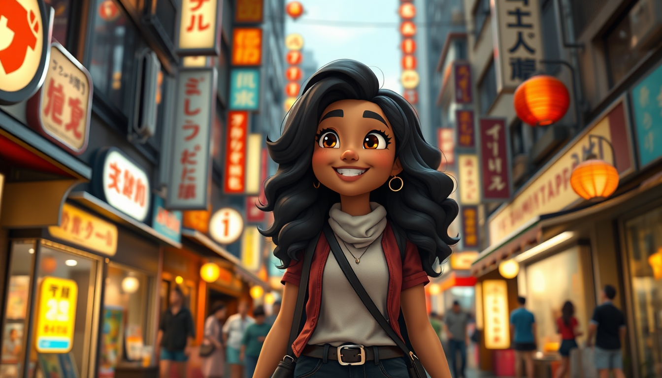 Main art studio: 3D animated movie scene of Brit, a fictional mixed woman cartoon character, walking through Tokyo, Japan. She has long, voluminous black wavy-curly ha