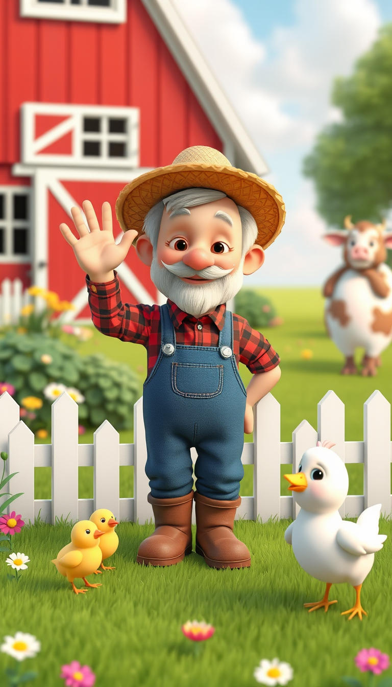 Main art studio: Cute friendly elderly farmer named Old MacDonald wearing blue overalls, a red plaid shirt, brown boots and a straw hat, standing outside a charming re