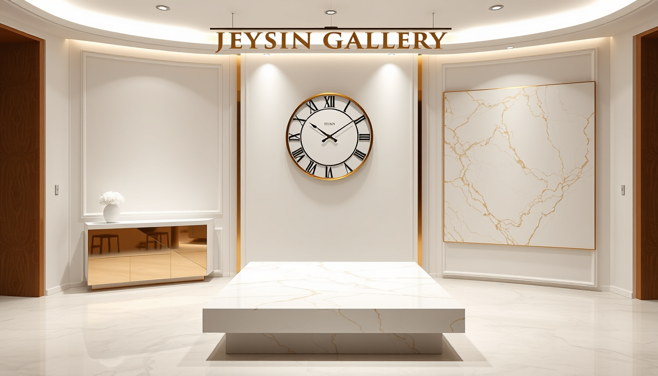 Main art studio: Luxury minimalist resin furniture showroom. Three separate elegant pieces: a 1-meter square resin table, a round resin wall clock, and a rectangular r