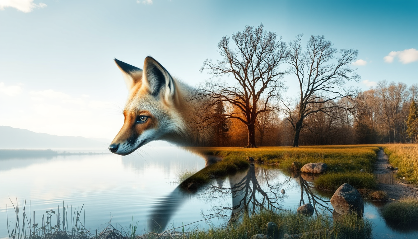 AI Art prompt example created from the prompt: Double Exposure Animal Art: mit einem fuchs und einer flusslandschaft