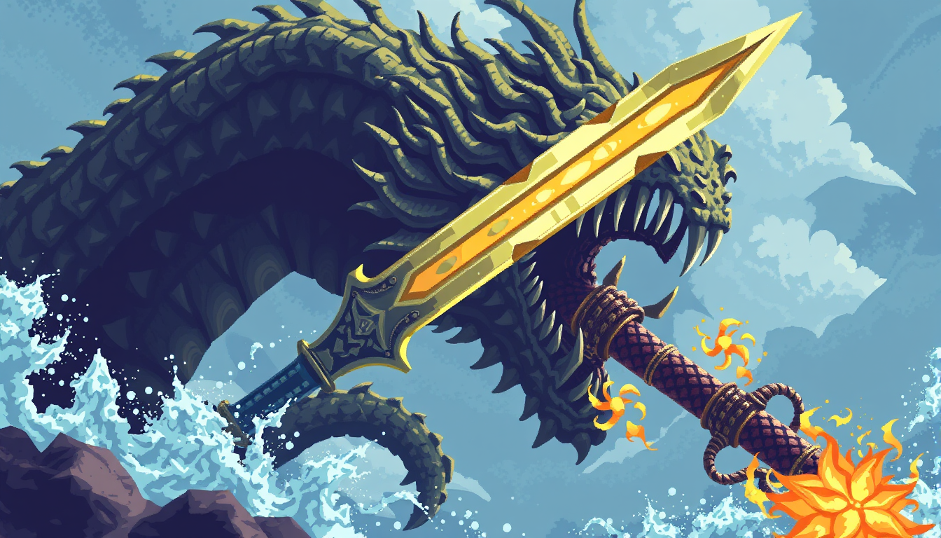 Main art studio: A legendary blade created to destroy immortal beasts. Its enchanted edge can pierce the Hydra's scales, making it essential for the final battle. Ordi