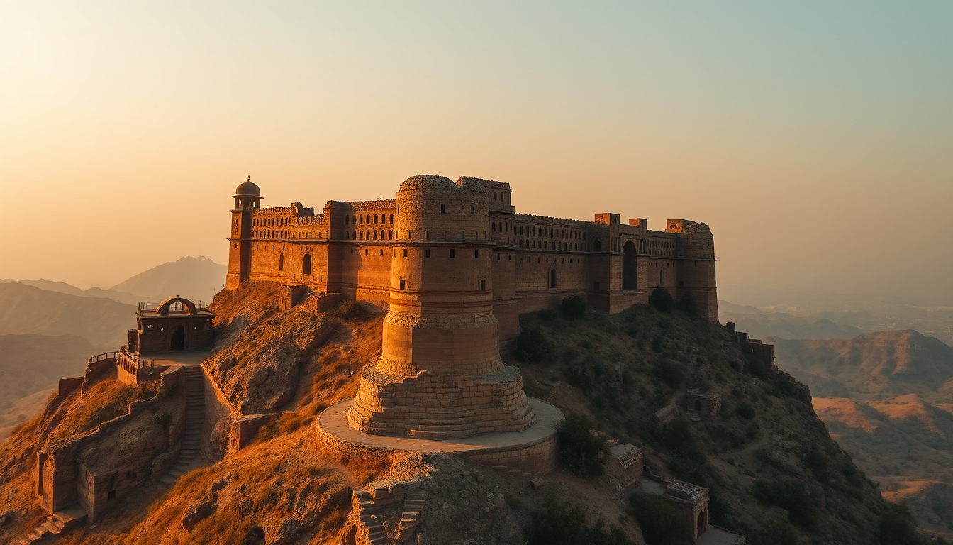 Main art studio: Aerial establishing shot of the real Bhangarh Fort in Rajasthan, India, ancient ruined sandstone palace surrounded by the Aravalli hills, vast empty l