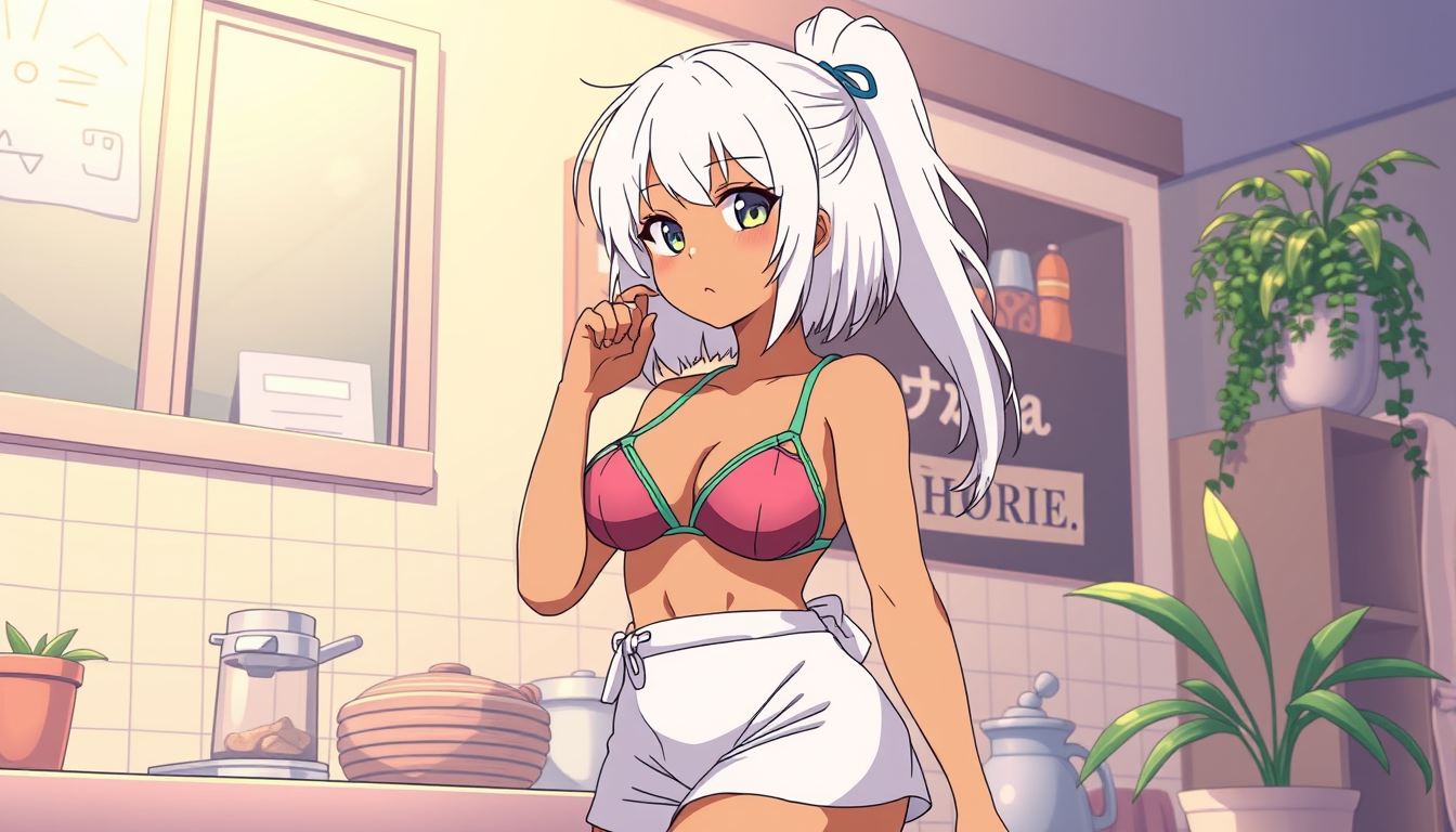Characters idea: an original character defined by silhouette, role, outfit, palette, and expression, deliberate composition, Anime girl, thicc, white hair brown skin, 