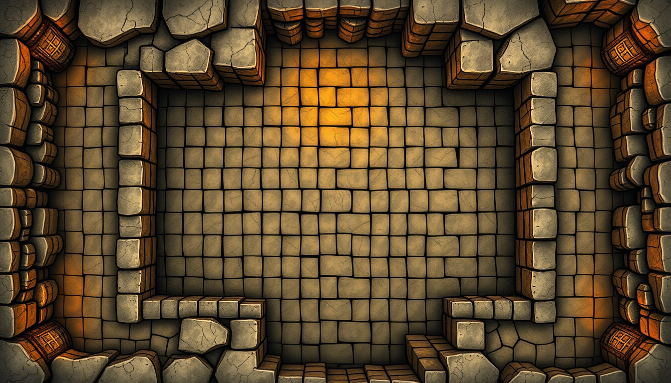 Dungeon Maps idea: top-down dungeon map, grid tiles, rooms and corridors, hand-drawn RPG cartography, mazmorra cueva subterránea, piedra natural, iluminada con antorchas