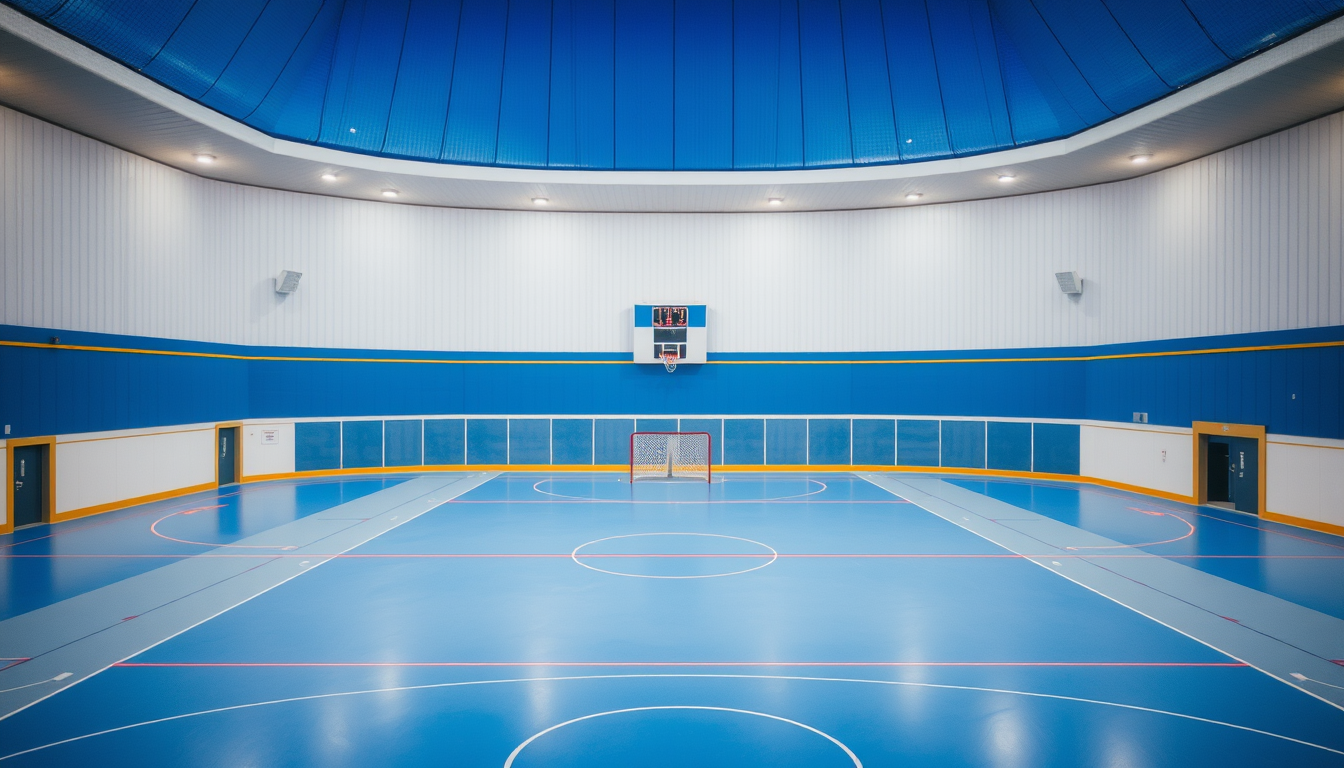 Main art studio: Eine Turhalle mit blauem Boden. Die Wönde sollen so wie jede anderen Turnhallenwände aussehen. In der Turnhalle sollte es Unihockeysachen haben.