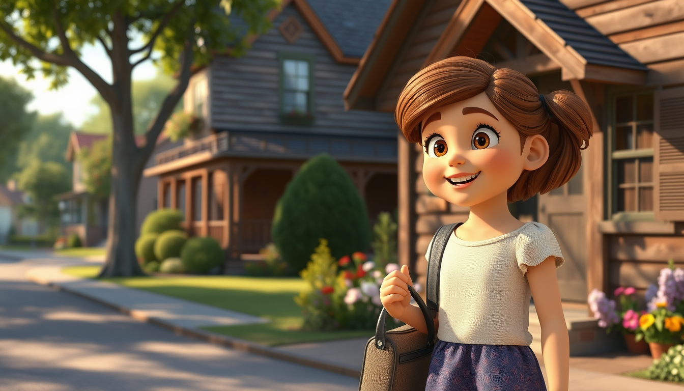 Main art studio: Emma Arrives at Grandma’s HousePrompt:A 10-year-old American girl named Emma arriving at her grandmother Rose’s old wooden house during a warm summer