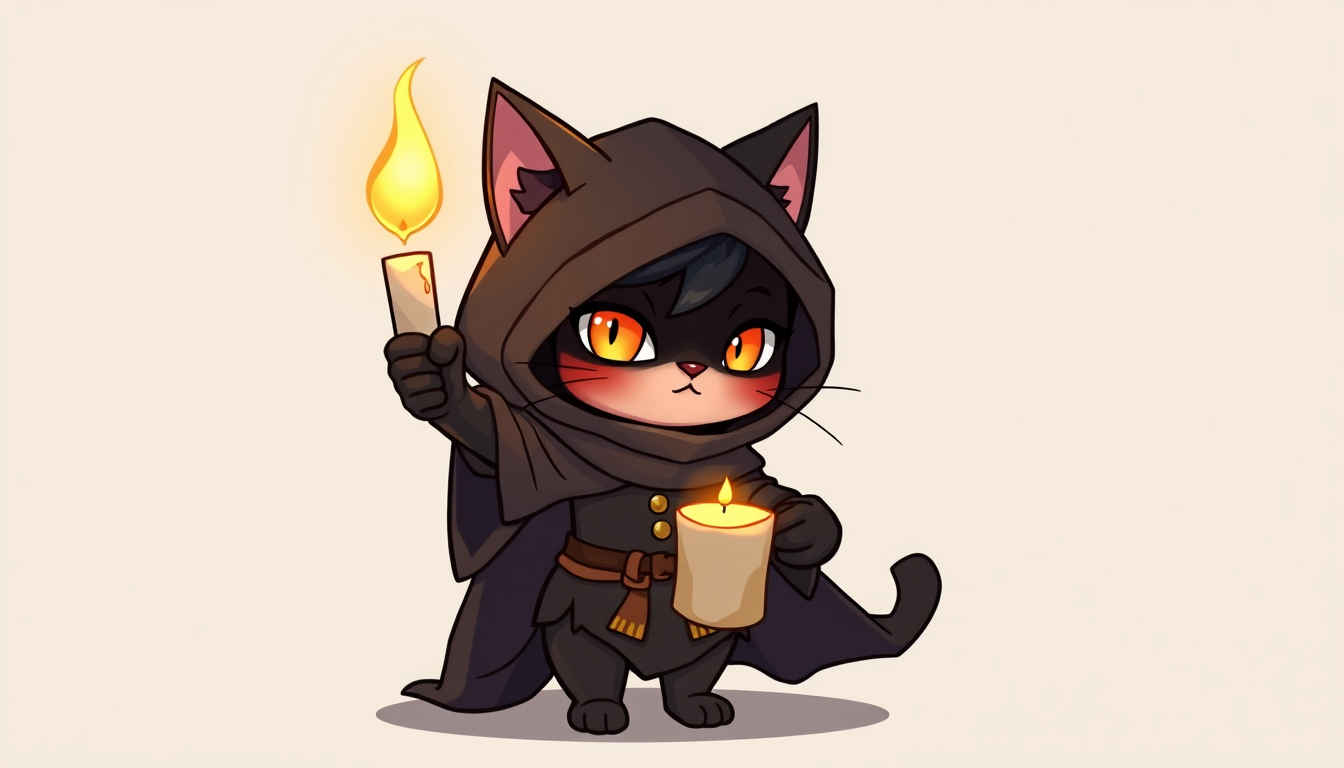 Main art studio: chibi black cat mage holding a candle, fantasy, clean lineart