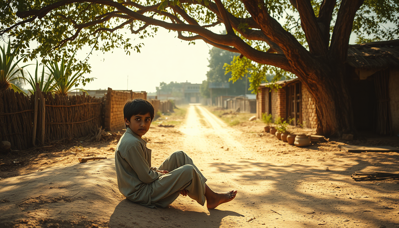 Main art studio: Aik gA poor young village boy wearing old, worn-out clothes, sitting under a large tree beside an old rural path. The weather is extremely hot and sun