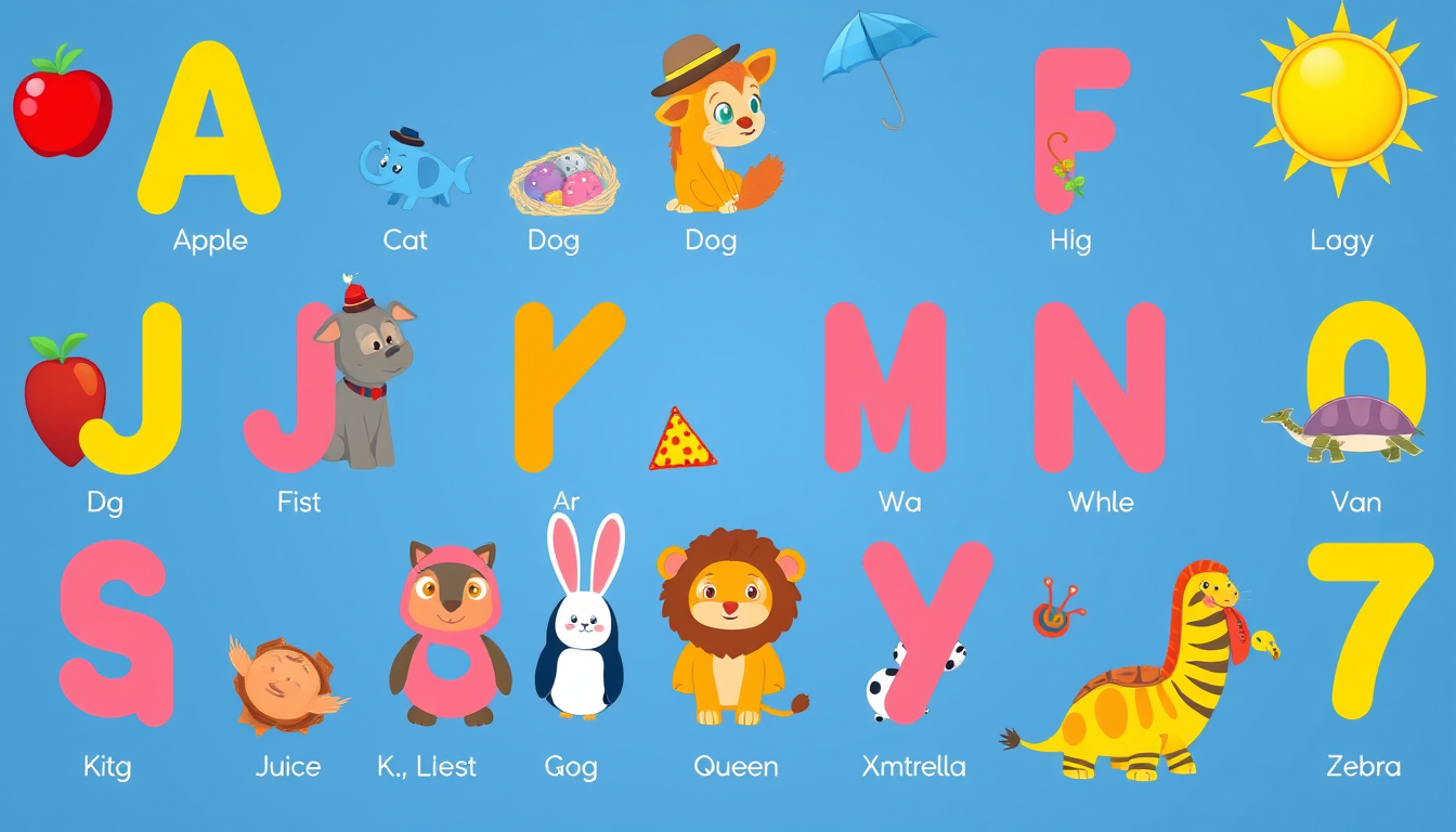 Main art studio: Create a long, fun 16:9 YouTube ABC song for young children. Use colorful cartoon animation and clearly show each letter with its word: A Apple, B Bal