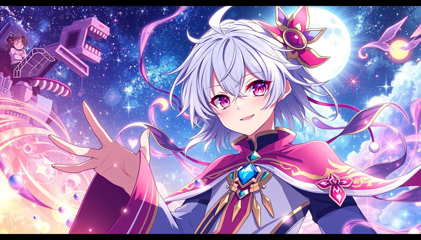 Anime idea: anime style, vibrant colors, expressive eyes, Melange divinité inconnue du genshin impact syndrome de genshin impact la lune dans le style d une ecpli