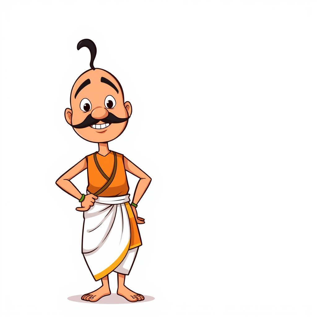 Main art studio: Create a high-quality 2D cartoon character inspired by Gopal Bhar, the witty Bengali court jester. He has a round face, bald head with a small black h