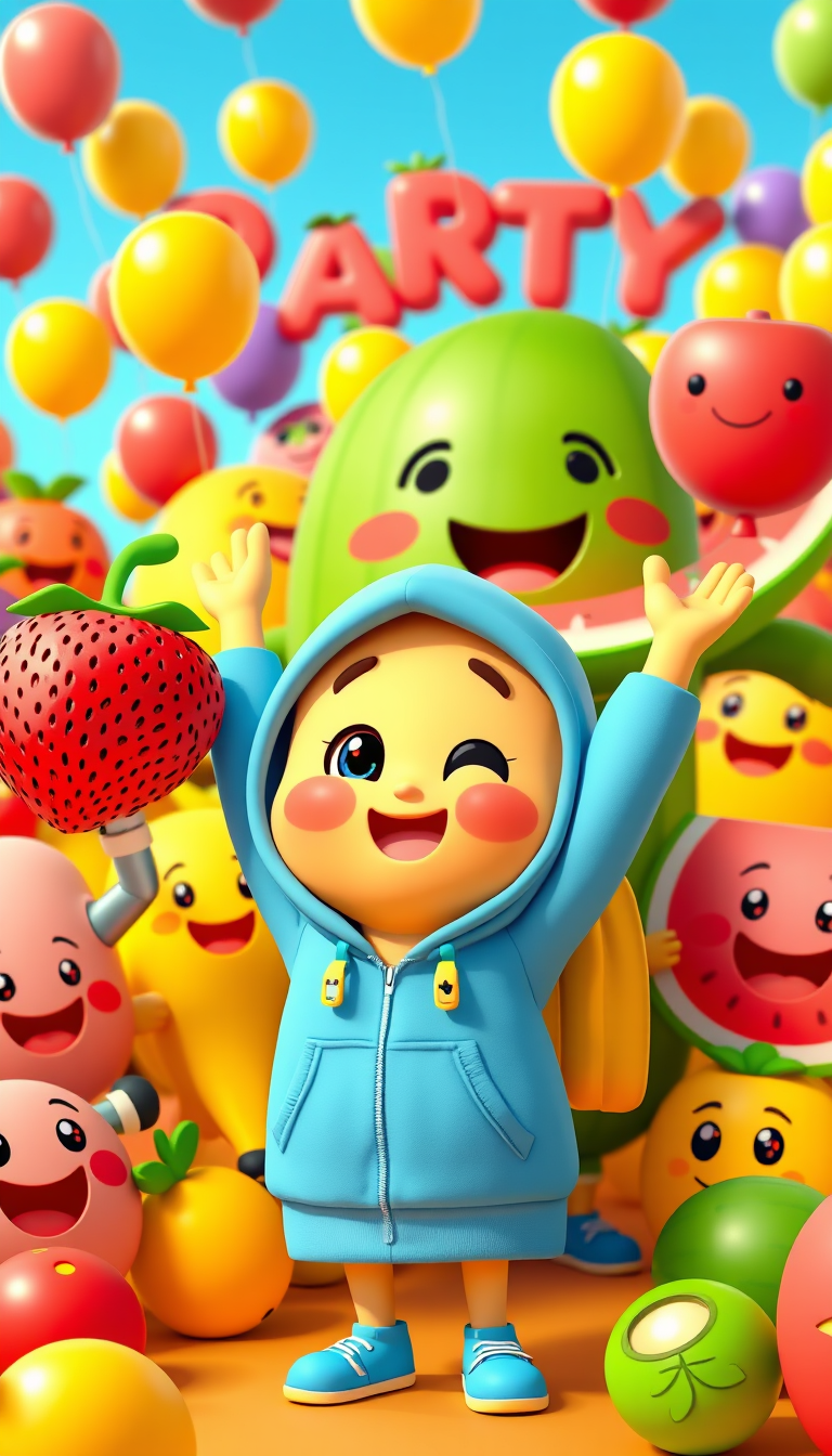Main art studio: Cute 3D cartoon strawberry in a blue hoodie, banana with a yellow backpack, and giant watermelon celebrating with many colorful fruit characters. Big