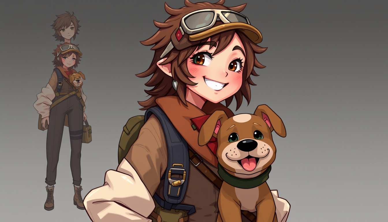 Characters idea: original character design, detailed outfit and accessories, expressive personality, female, brown scruffy hair, big smile, friendly, adventurous and l