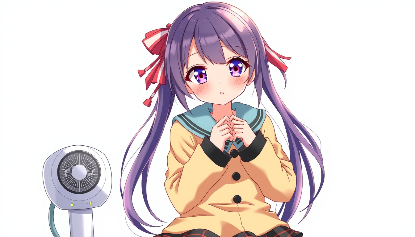 Anime idea: anime style, vibrant colors, expressive eyes, Jolie fille manga en mini jupe. Elle fera un coeur avec ses mains. Le ventilateur est activé ce qui mont