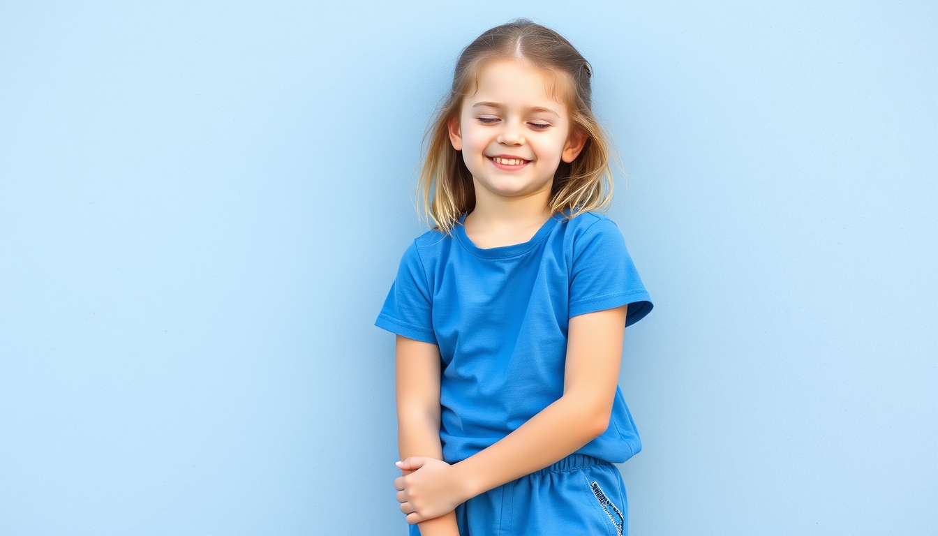 Main art studio: 10 years old Slovak girl Aneta Nemčekova, with blue short t-shirt, blue shorts, smiling, and her eyes are closed
