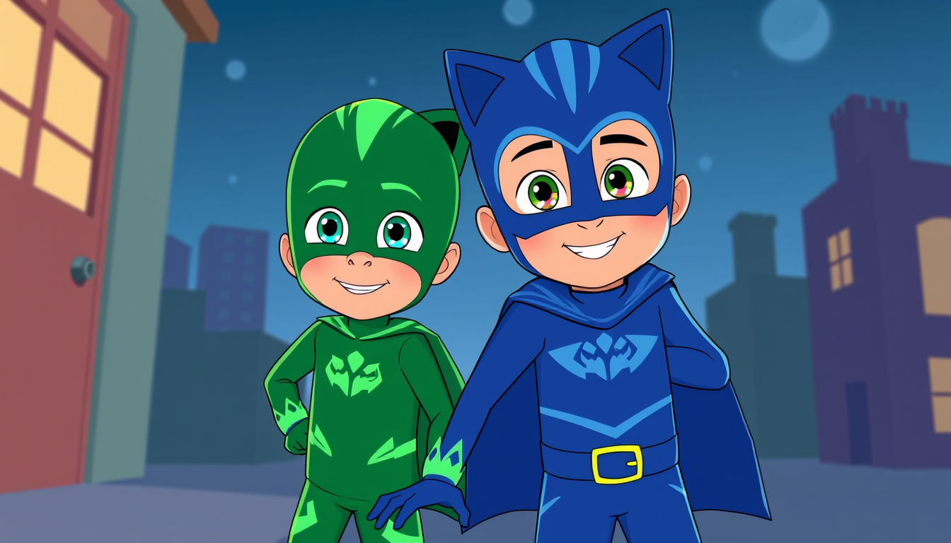 Main art studio: Turn me and my friend from the reference photos into PJ Masks characters. Make me Gekko (green) and make my friend Catboy (blue). Keep our faces and h