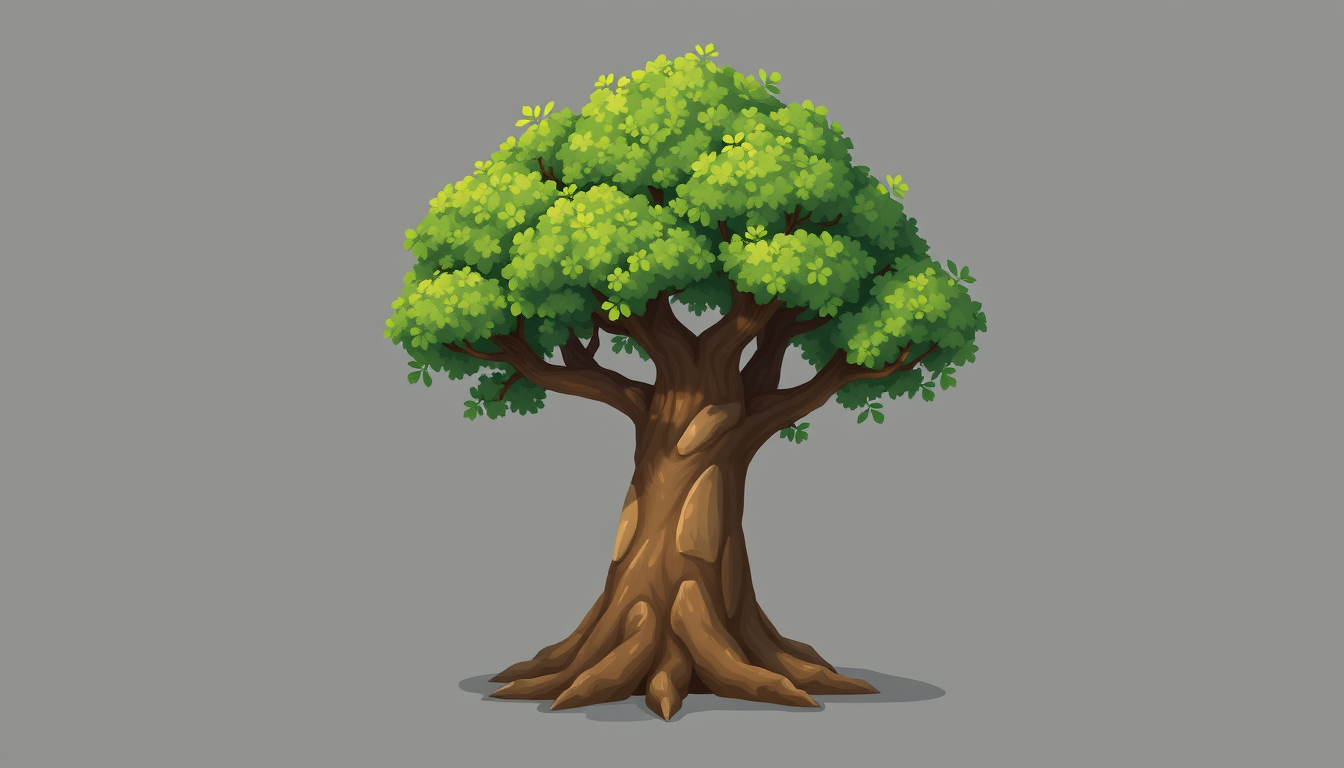 Game Asset idea created from the prompt: 2D game asset, clean isolated object, consistent art style, Árbol mediano, estilo anime 2D, tronco grueso y ligeramente retorcido, raíces pe