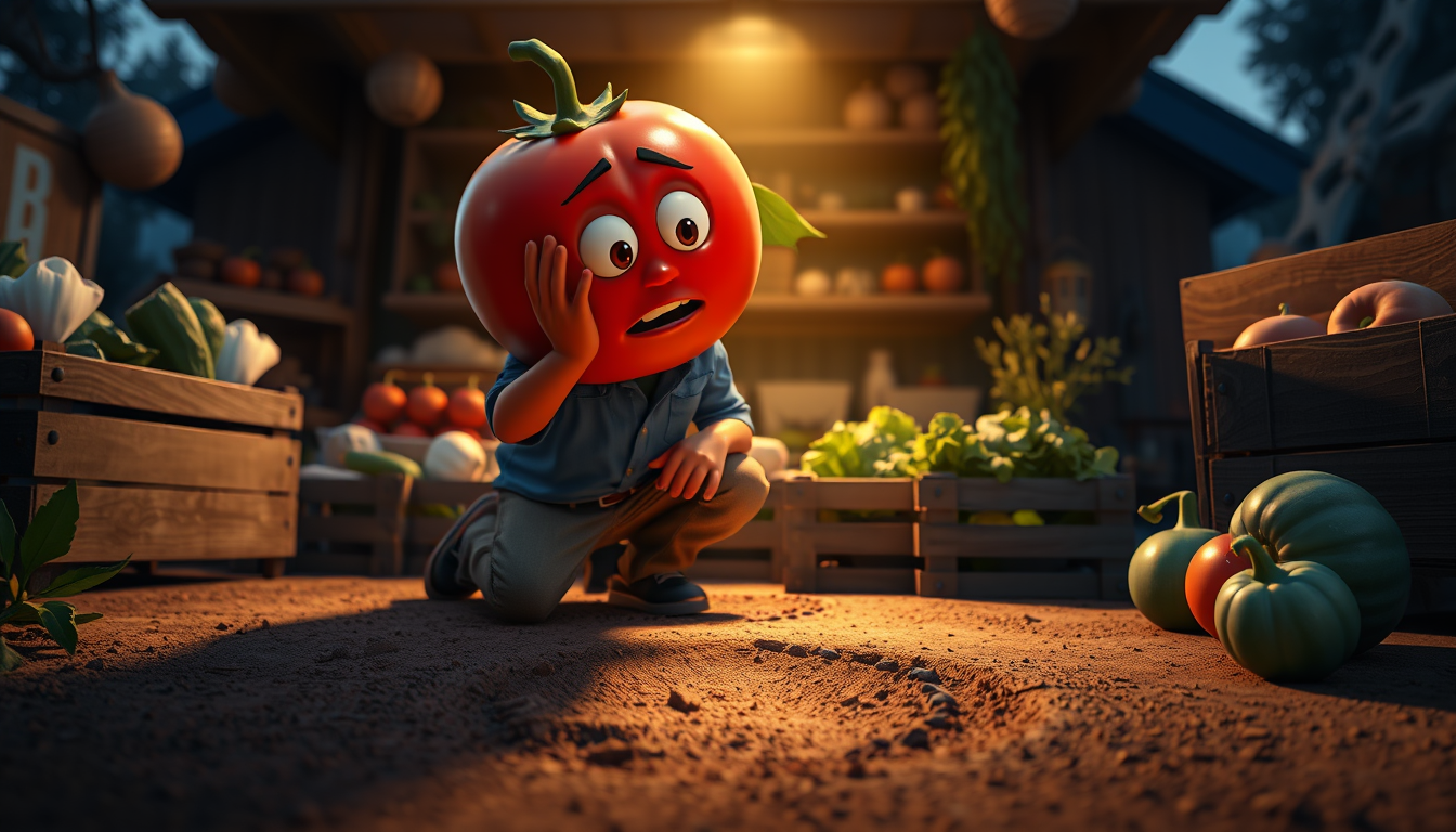 Main art studio: The same red tomato character wearing a blue shirt and brown pants kneeling behind his vegetable shop, discovering a mysterious shoe footprint in the