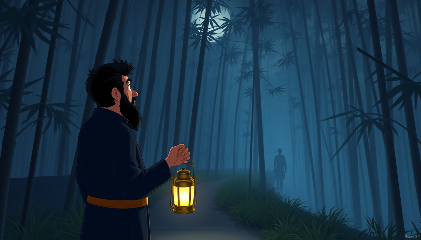 Main art studio: Same Rashed character mature man, same black hair, beard and dark navy outfit. Semi-realistic 3D cartoon Bengali horror. Rashed stands on a dark villa