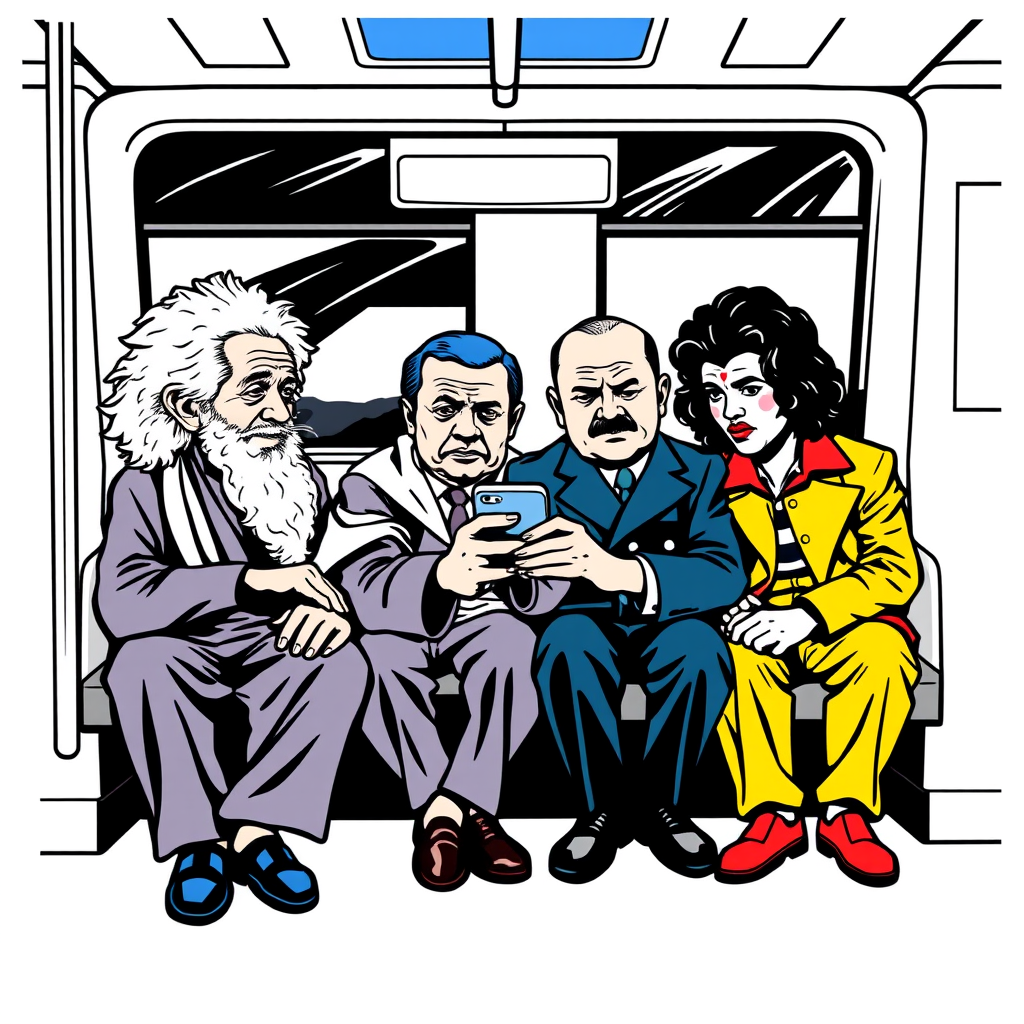 Main art studio: writing{variant=“standard” id=“71429”} Einstein, Gandhi, Hitler and Michael Jackson sitting together on a subway, all staring at one smartphone, funny