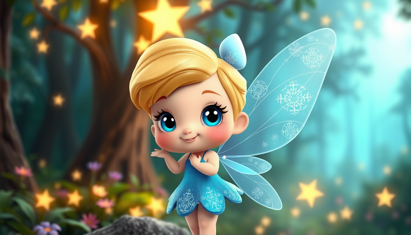 Main art studio: Cute little fairy with blue dress and sparkling wings, magical forest, glowing stars, adorable 3D cartoon style, beautiful colourful fairytale, vertic