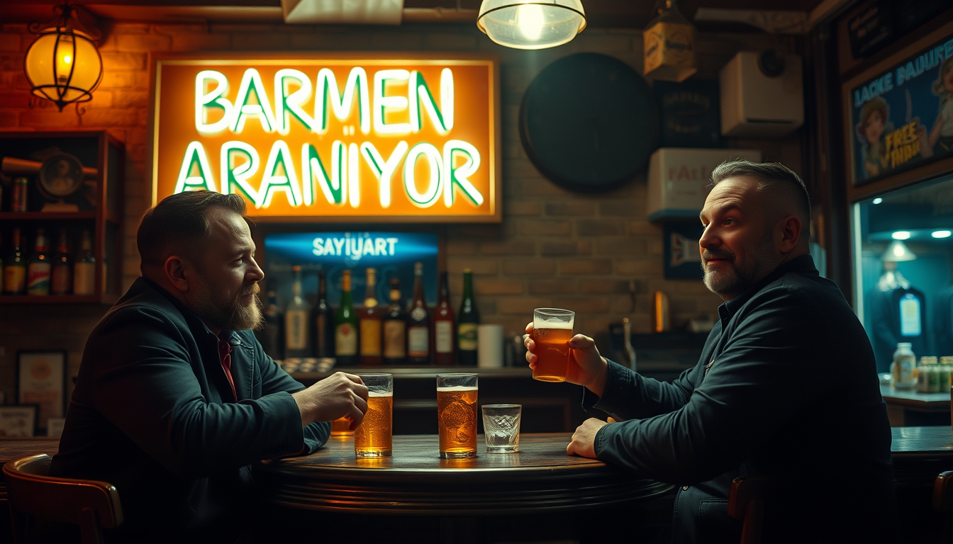 Main art studio: Realistic cinematic comedy in a stylish but slightly shabby Turkish bar at night. Two male friends sit at the bar drinking beer. Behind them is a larg