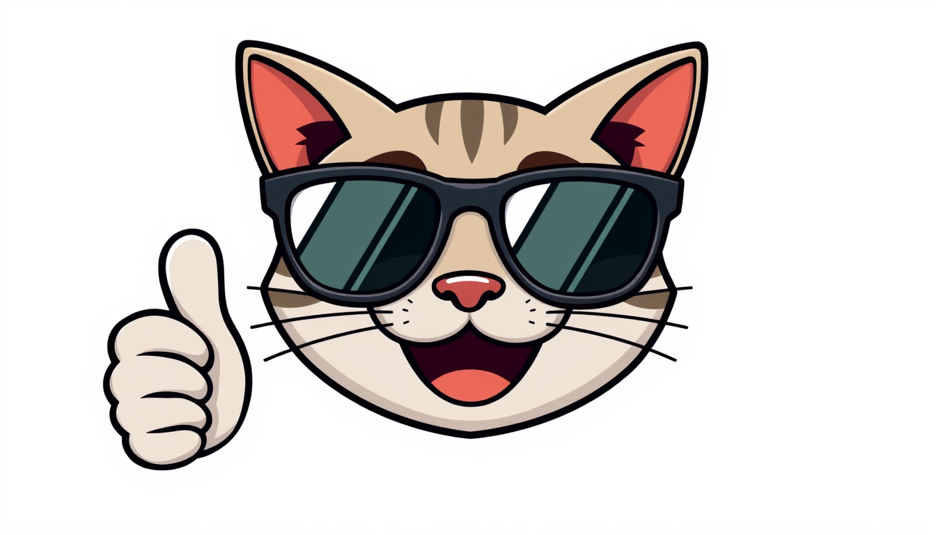 Emoji idea: custom emoji icon, single expressive face or symbol, thick bold outline, flat vibrant color, A grinning cat with sunglasses giving a thumbs up , trans