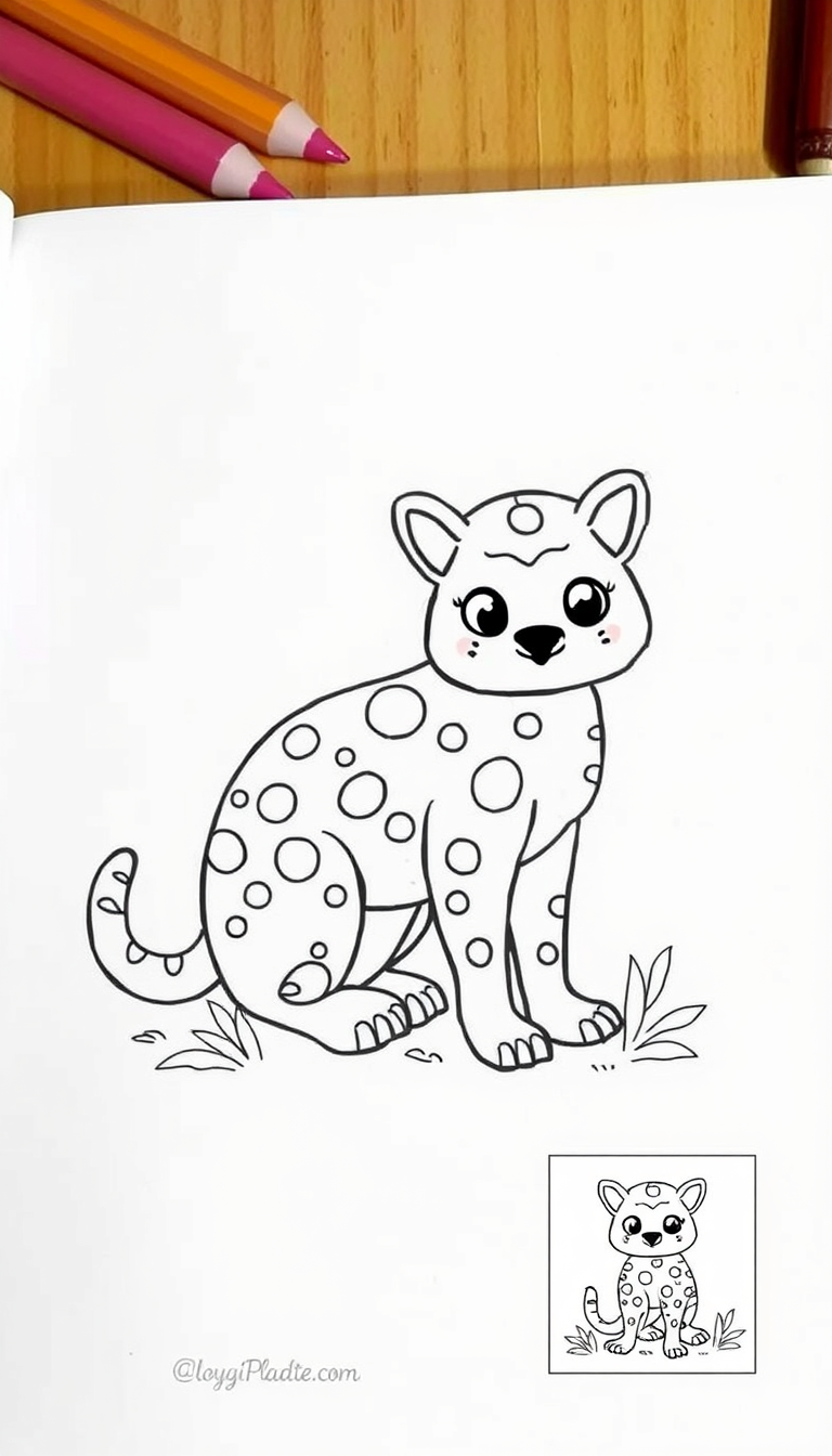 AI Art prompt example created from the prompt: create a animal drawing plus a small colour pic of the same animal in one page im making colouring book
