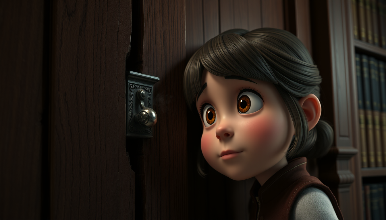 Main art studio: The Hidden HandlePrompt:Close cinematic scene of Emma examining an old wooden wall behind a large antique bookshelf, discovering a tiny hidden metal h