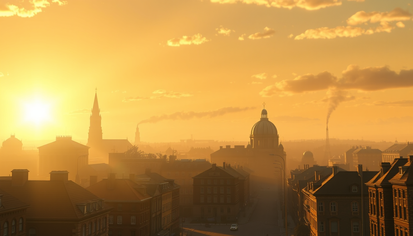 Main art studio: Emotional closing shot for a cinematic 3D animated historical documentary, sunrise over the devastated skyline of Berlin in May 1945, pale golden sunl