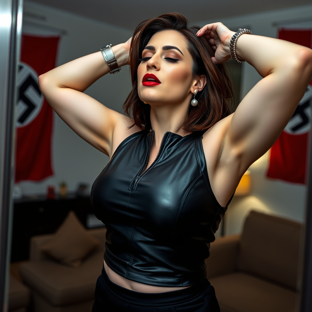 Main art studio: low angle shot of an astonishingly beautiful athletic, curvy woman around 44. She is wearing a black leather tank top with zipper, white skin, shoulde