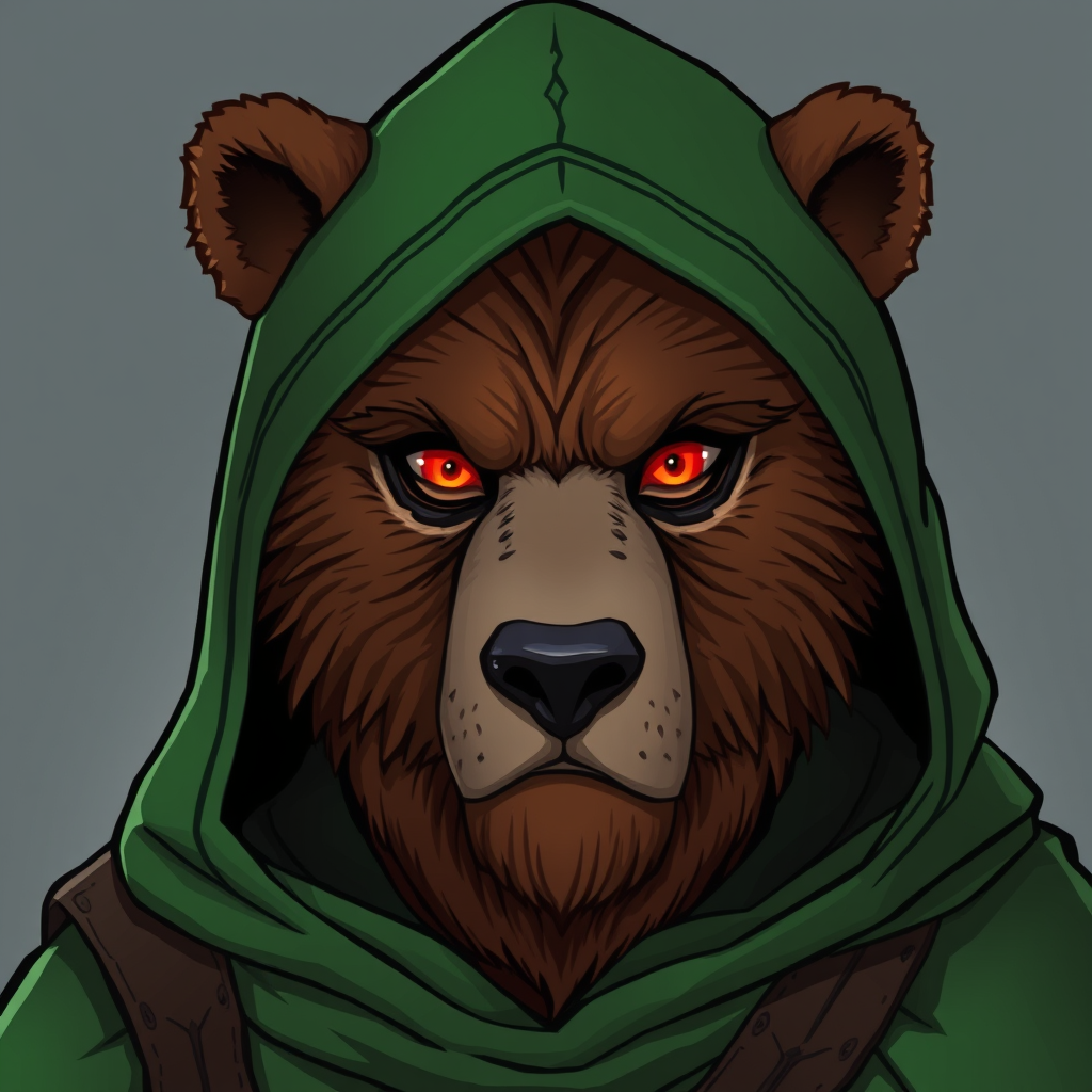 Main art studio: fantasy cartoon artstyle. A druid with a green cloak with a hood on. The character wears a bear face to cover his face. Only the humans eyes are visib
