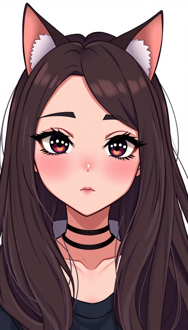 VTuber idea: vtuber avatar character, anime style, expressive face, streaming-ready design, A gyaru v tuber with dark brown hair, cat ears, pale olive skin. With r